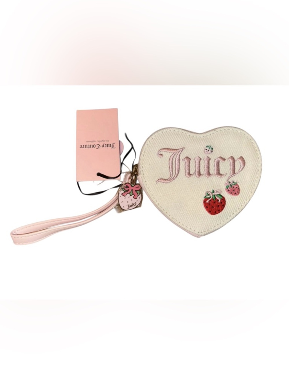 NWT Juicy Couture Cream & Pink Heart-Shaped Strawberry Wristlet with Charm